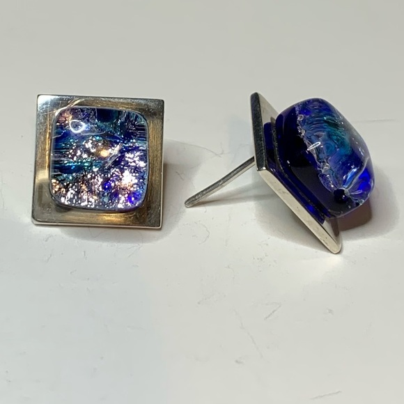 925 Sterling Blue Dichroic Glass Post Earrings - Picture 2 of 4